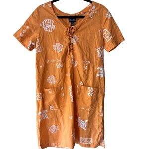 BLUE J Orange and White Sea Patterned Midi Dress with Tie Front and Pockets